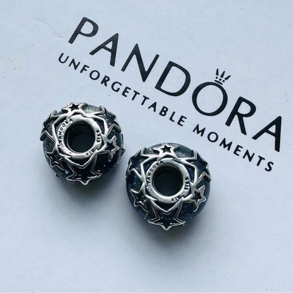 Pandora Lot/2 Galaxy Blue & Star Murano Glass Charm - Picture 3 of 3